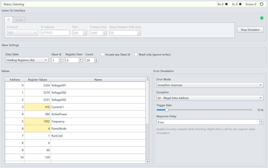 Modbus slave simulator listening on TCP port 502, serving holding registers with per-register simulation and exception response settings